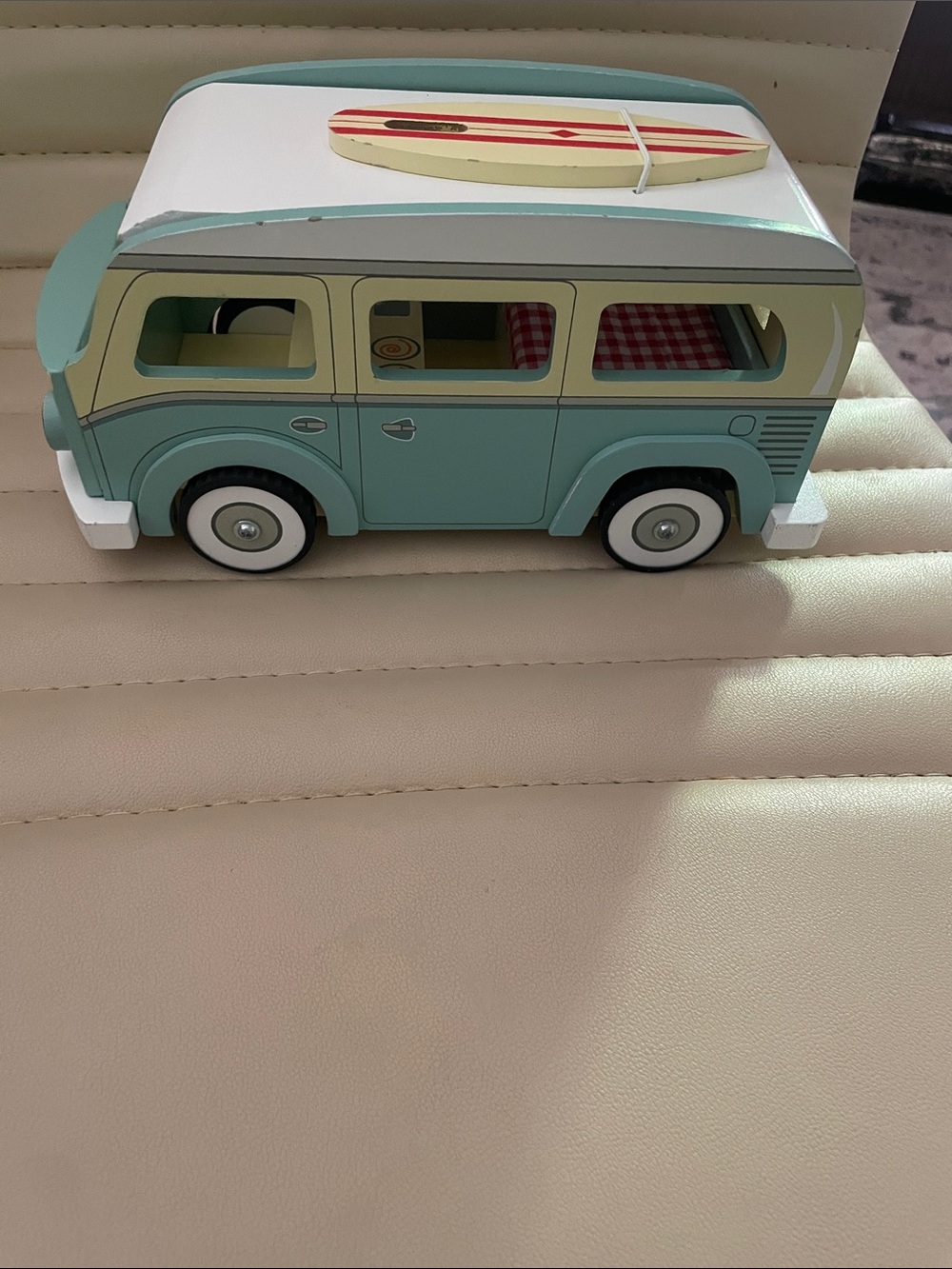 Wooden Retro Camper Van Toy in Mint and Cream with Surfboard - Picture 3 of 8